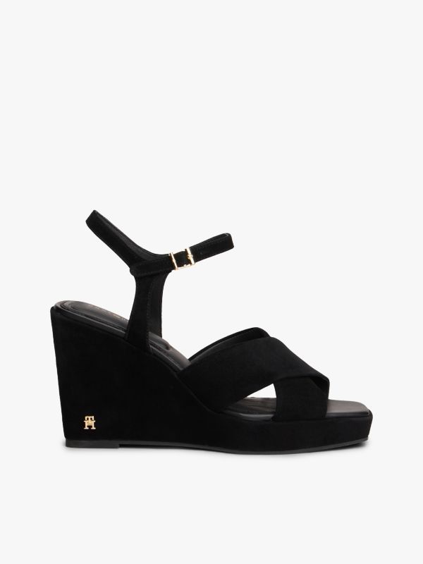 Suede High Wedge Heel Sandals — Black