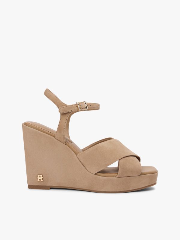 Suede High Wedge Heel Sandals — Khaki