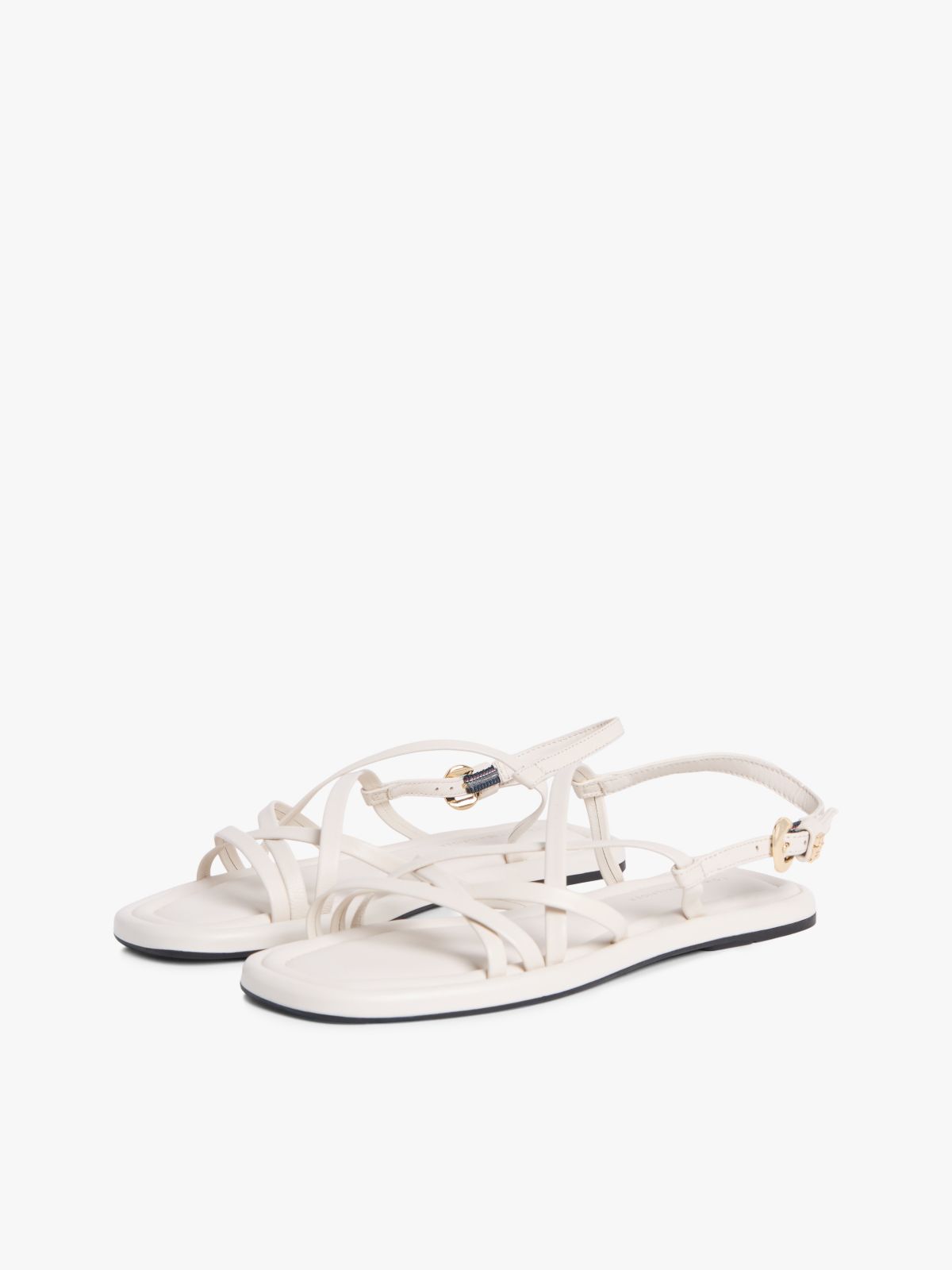 Leather Crossover Strap Flat Sandals — Beige