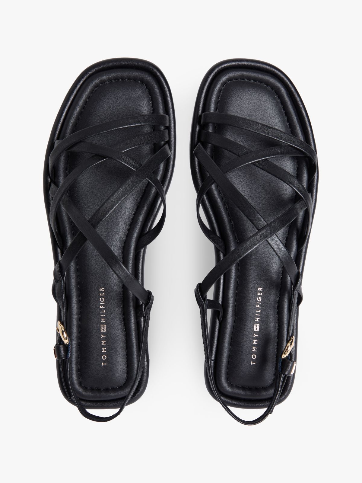 Leather Crossover Strap Flat Sandals — Black