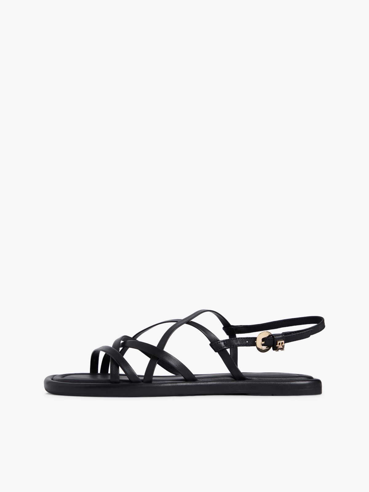 Leather Crossover Strap Flat Sandals — Black