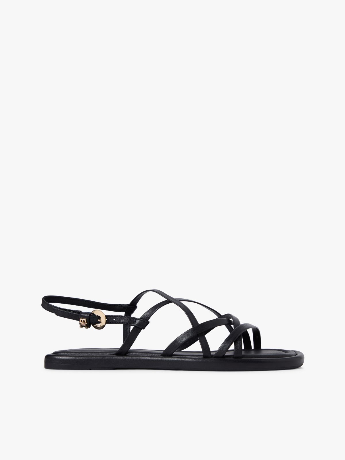 Leather Crossover Strap Flat Sandals — Black
