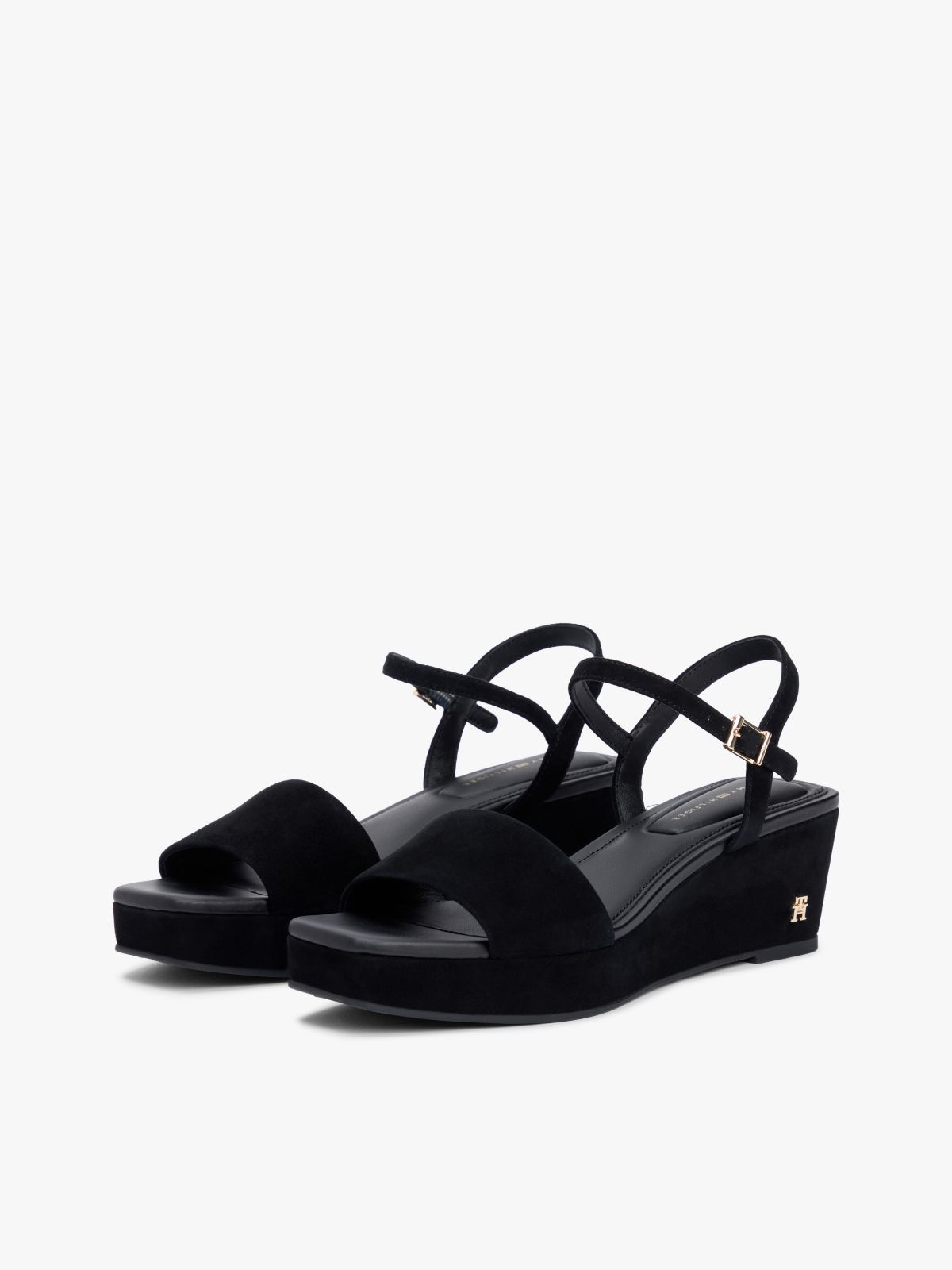 Suede TH Monogram Wedge Sandals — Black
