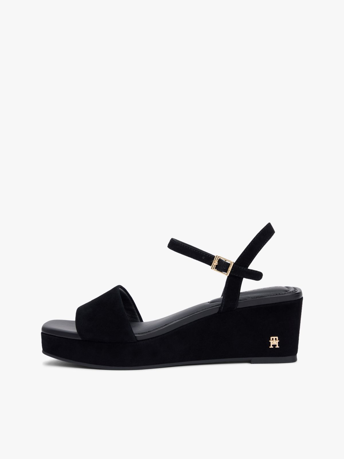 Suede TH Monogram Wedge Sandals — Black