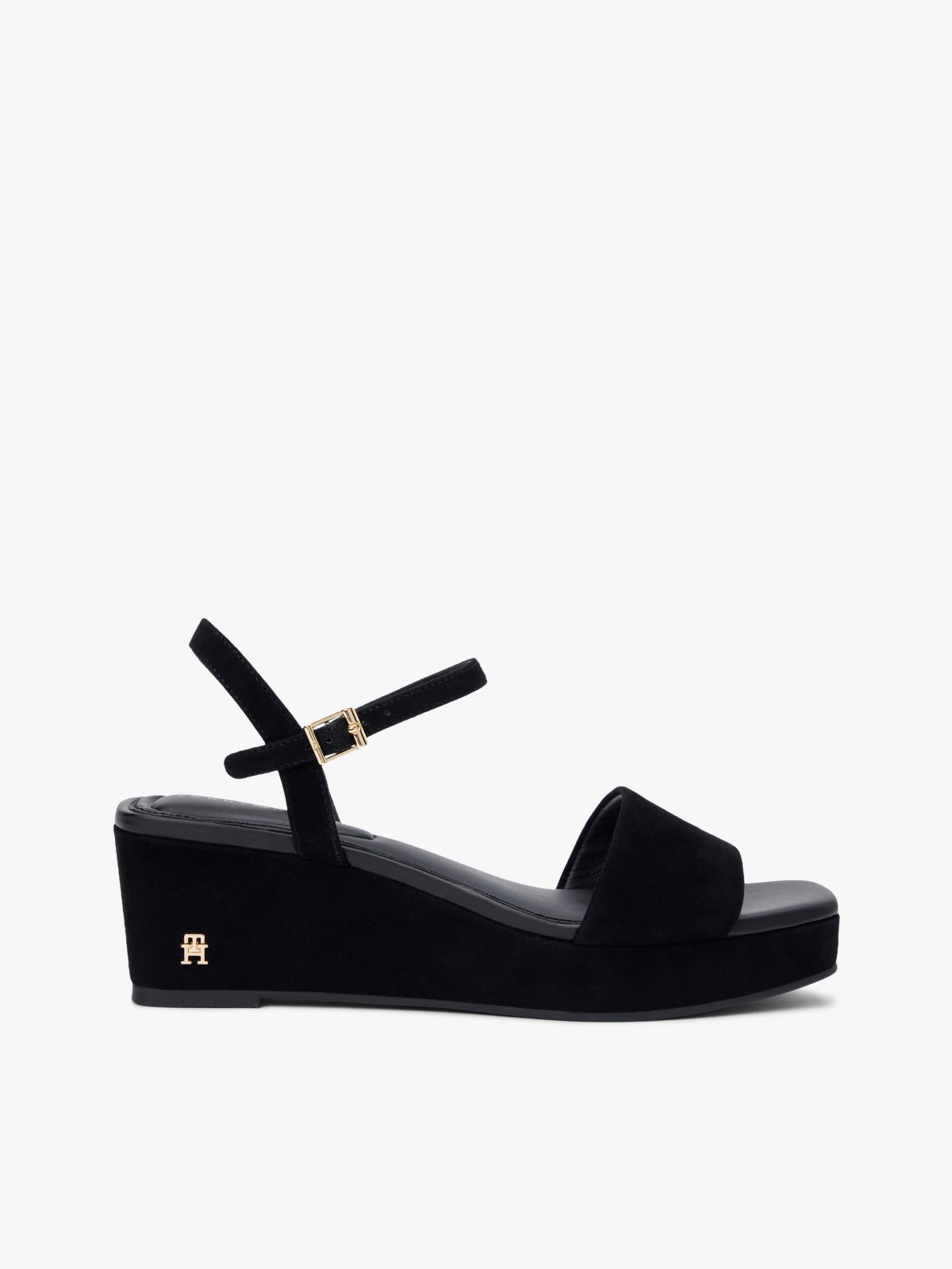 Suede TH Monogram Wedge Sandals — Black