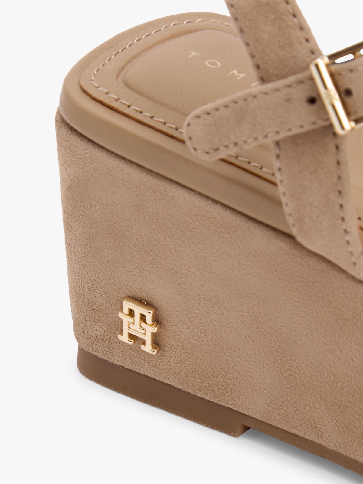 Suede TH Monogram Wedge Sandals — Khaki