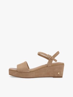 sandales compensées en daim à monogramme th kaki pour femmes tommy hilfiger