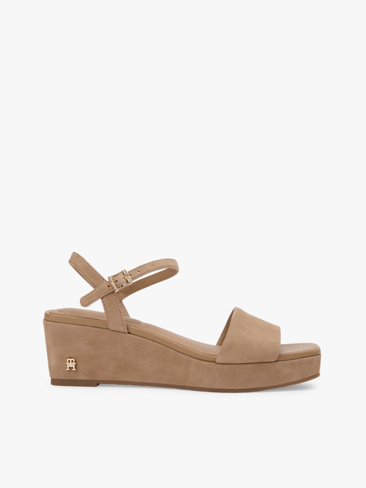 Suede TH Monogram Wedge Sandals — Khaki
