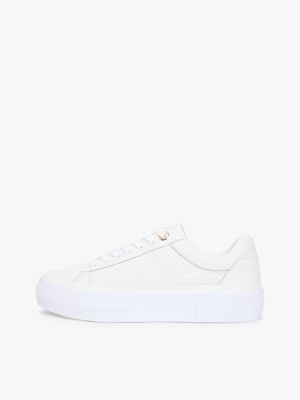 white th monogram quilted leather platform trainers for women tommy hilfiger