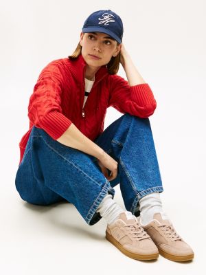 beige suède court sneaker met th-monogram voor dames - tommy hilfiger