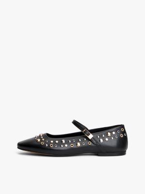 black stud embellished leather buckle ballerinas for women tommy hilfiger