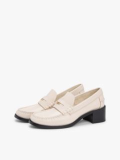 Leather Block Heel Penny Loafers — Beige 2