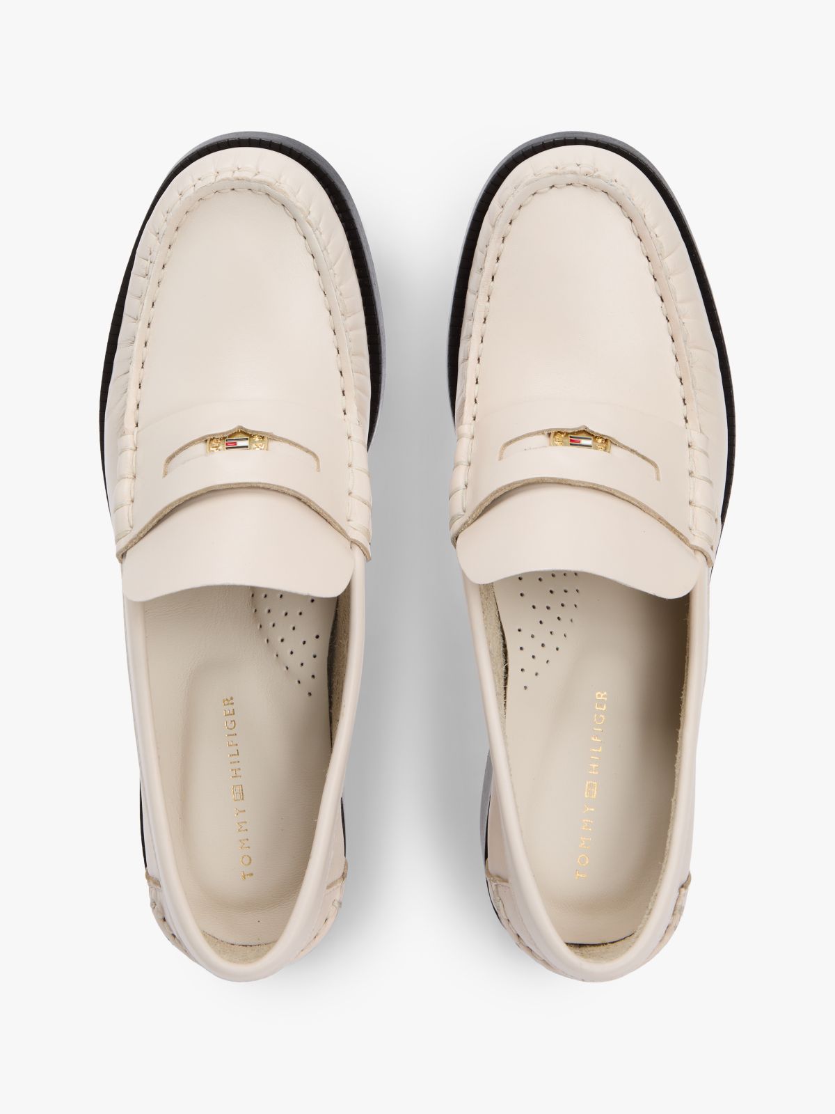 Leather Block Heel Penny Loafers — Beige