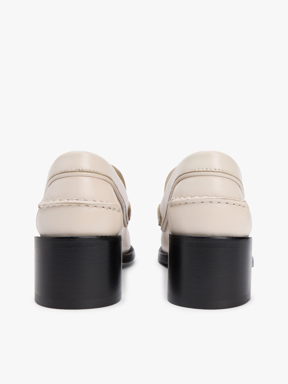 Leather Block Heel Penny Loafers — Beige
