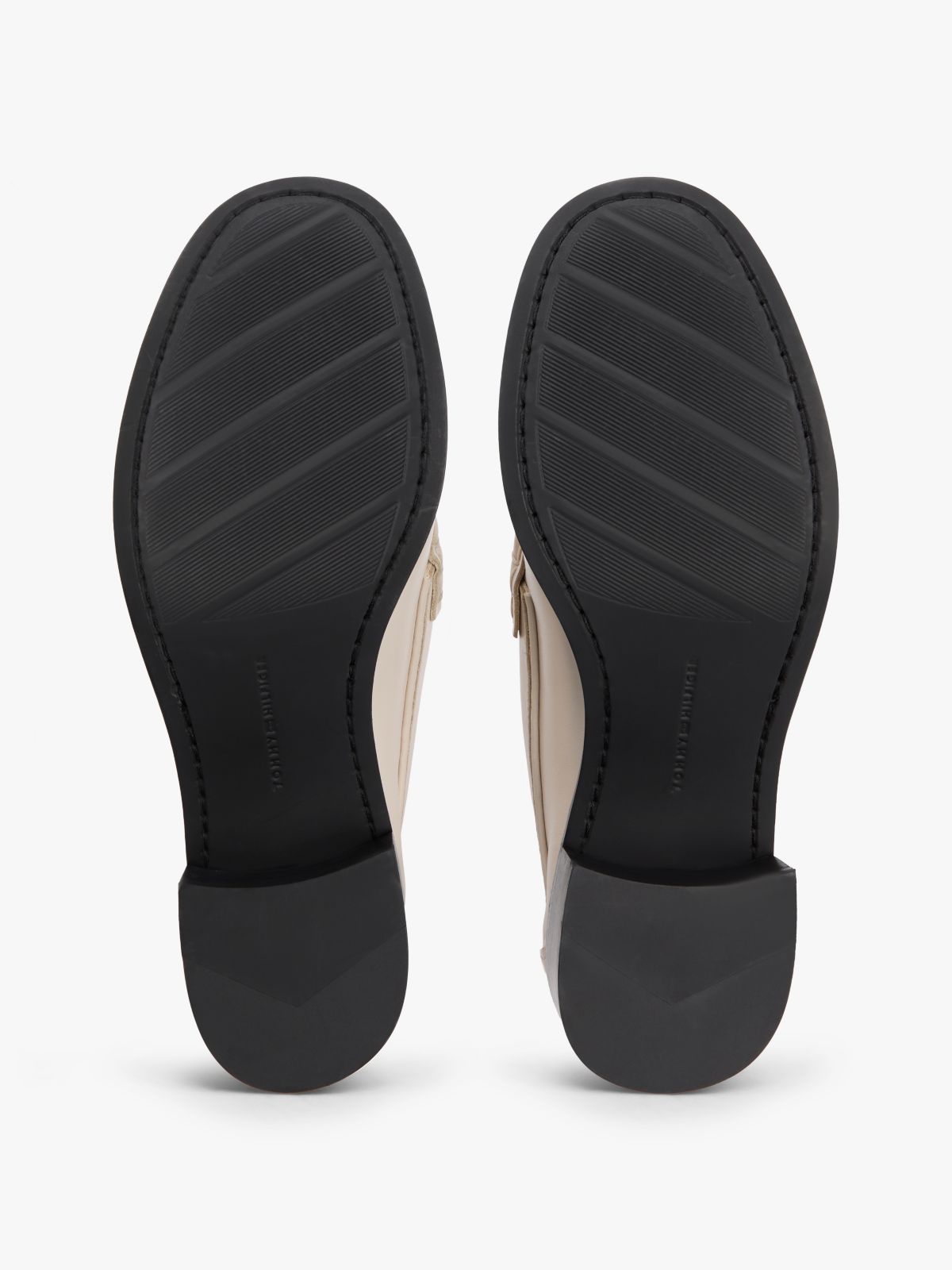 Leather Block Heel Penny Loafers — Beige