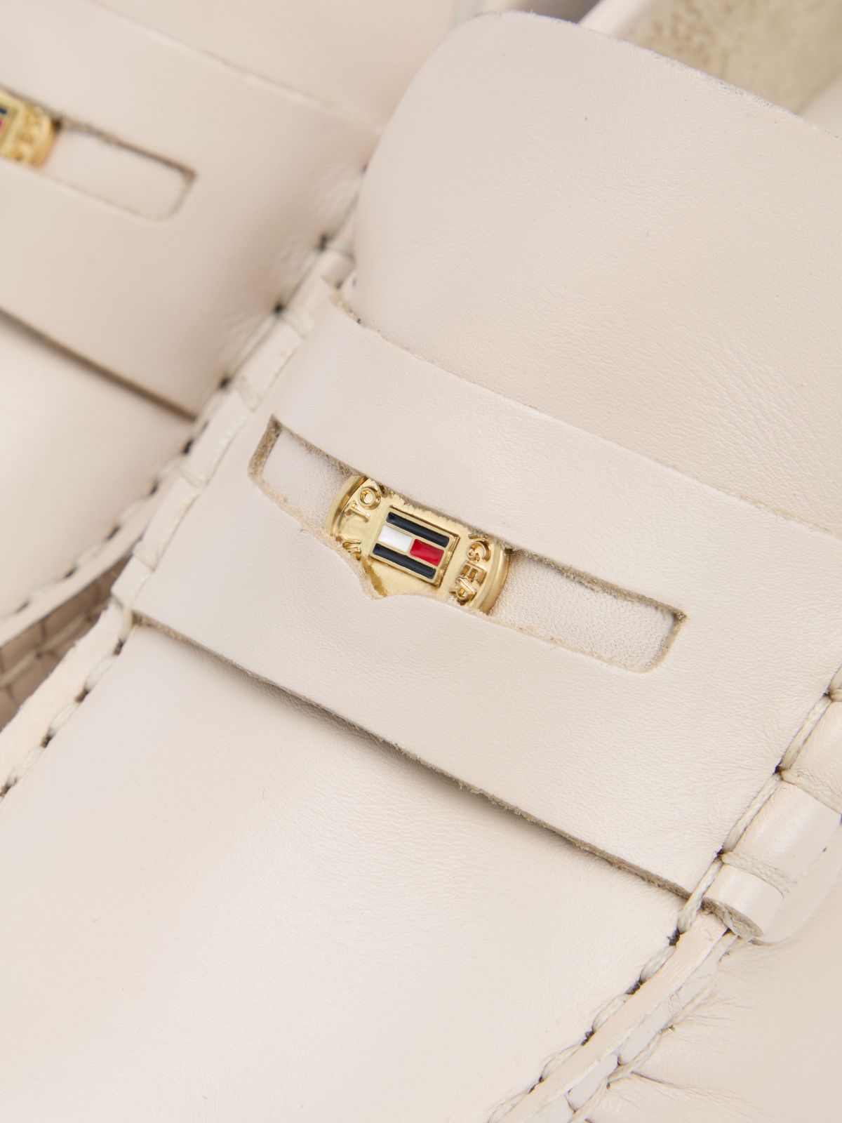 Leather Block Heel Penny Loafers — Beige