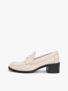 Leather Block Heel Penny Loafers — Beige 7