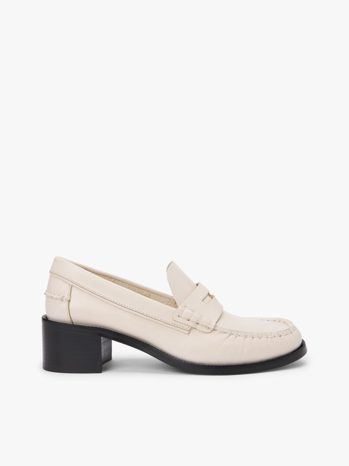 Leather Block Heel Penny Loafers — Beige