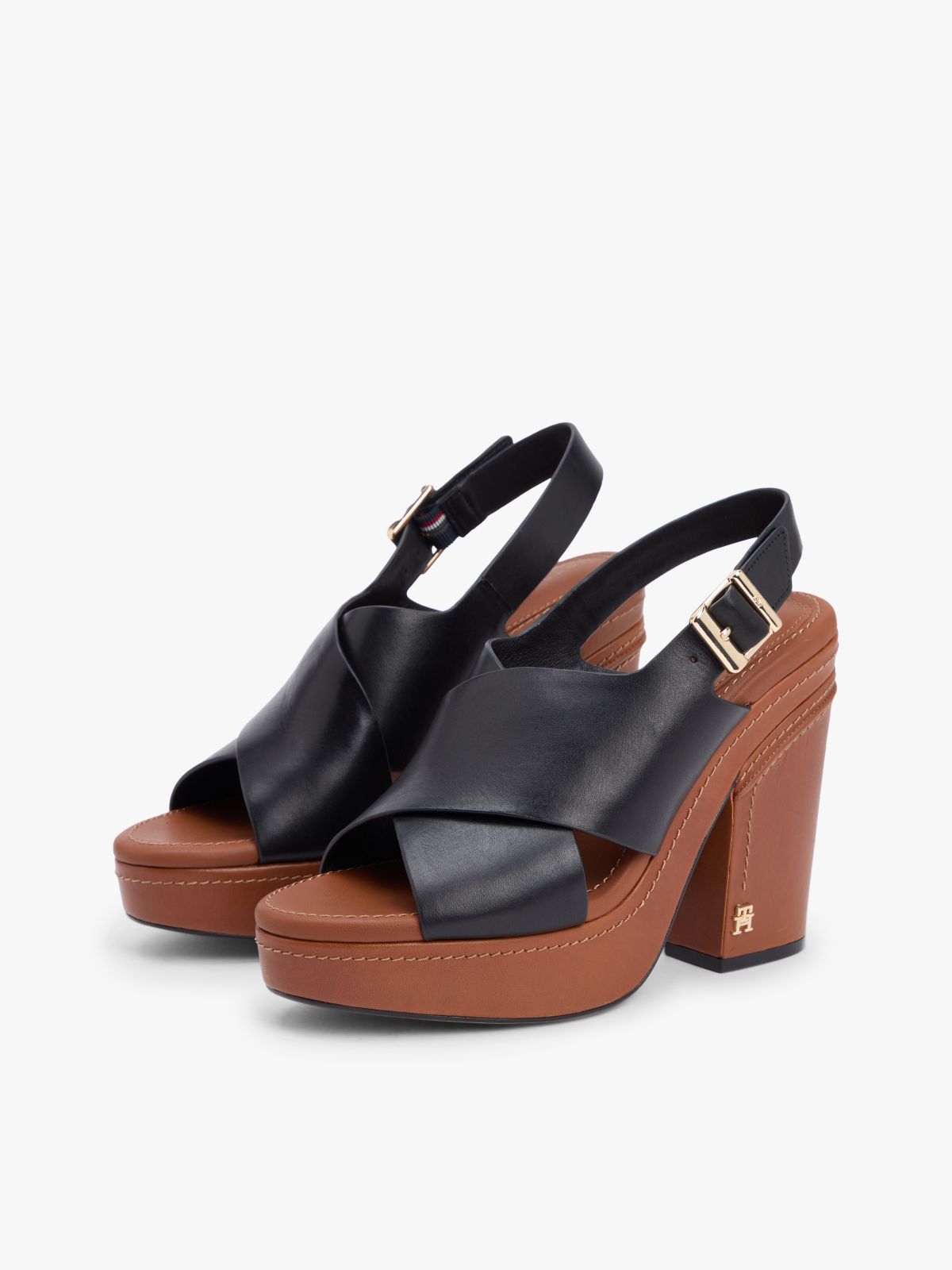 Leather Crossover Strap Block Heel Sandals — Black