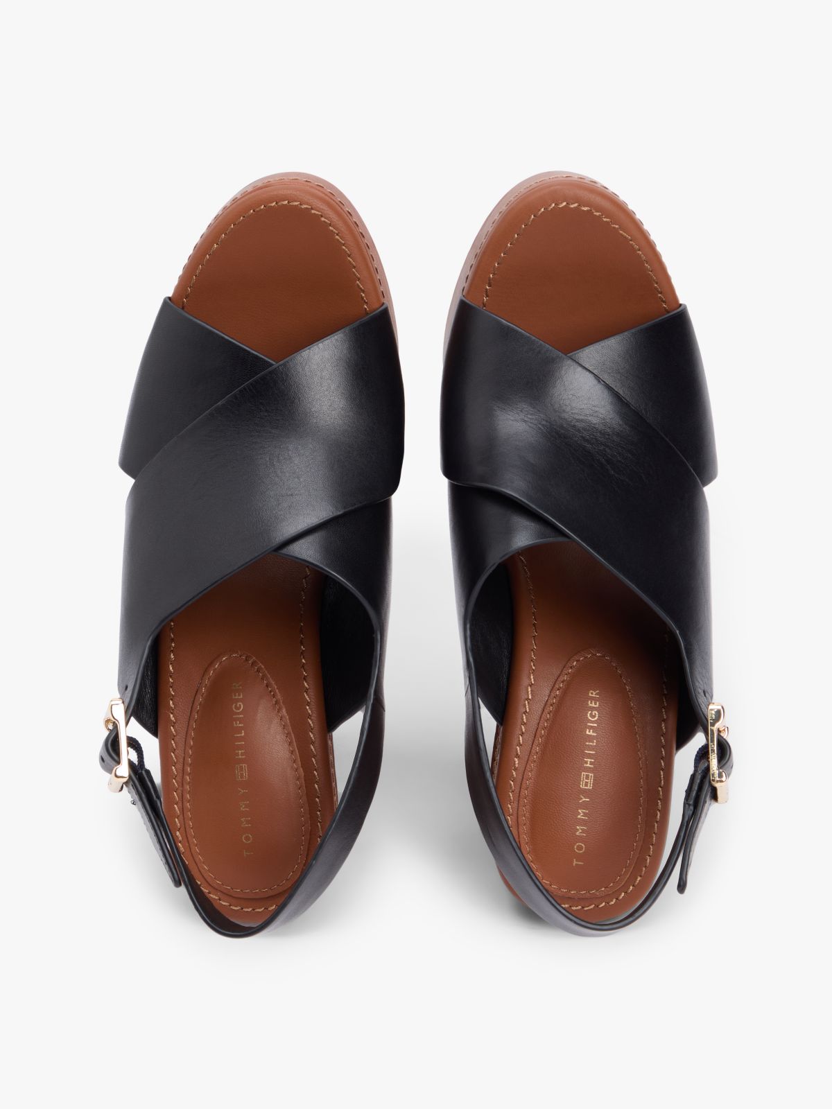 Leather Crossover Strap Block Heel Sandals — Black