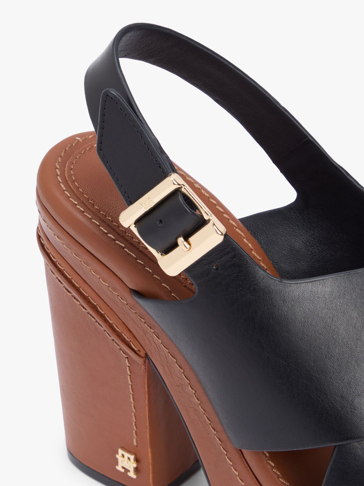Leather Crossover Strap Block Heel Sandals — Black