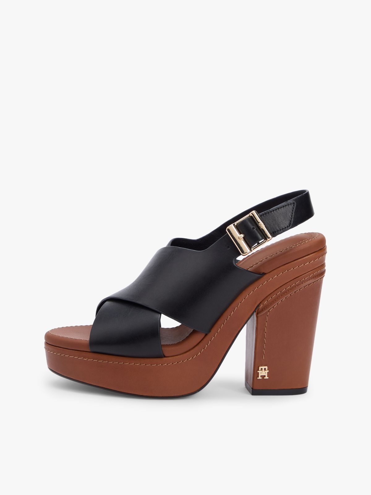 Leather Crossover Strap Block Heel Sandals — Black