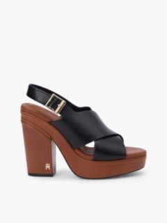 Leather Crossover Strap Block Heel Sandals — Black 1