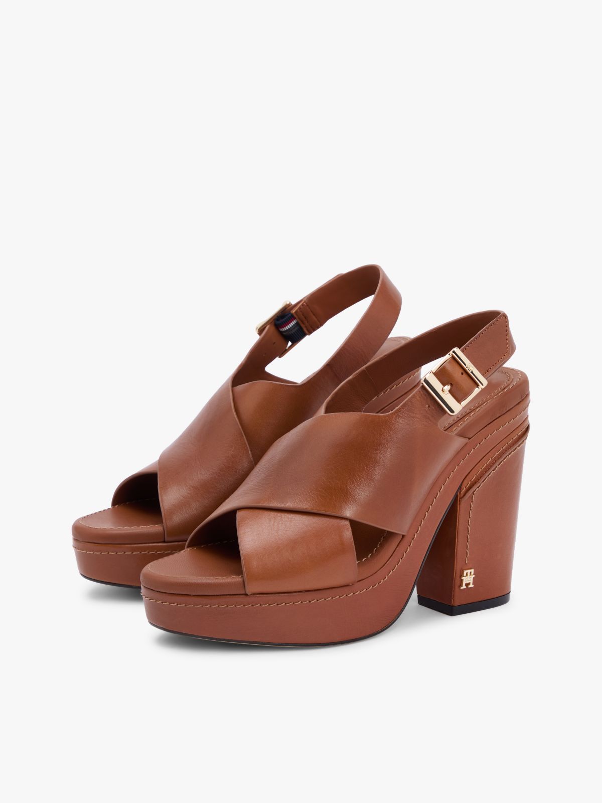 Leather Crossover Strap Block Heel Sandals — Brown