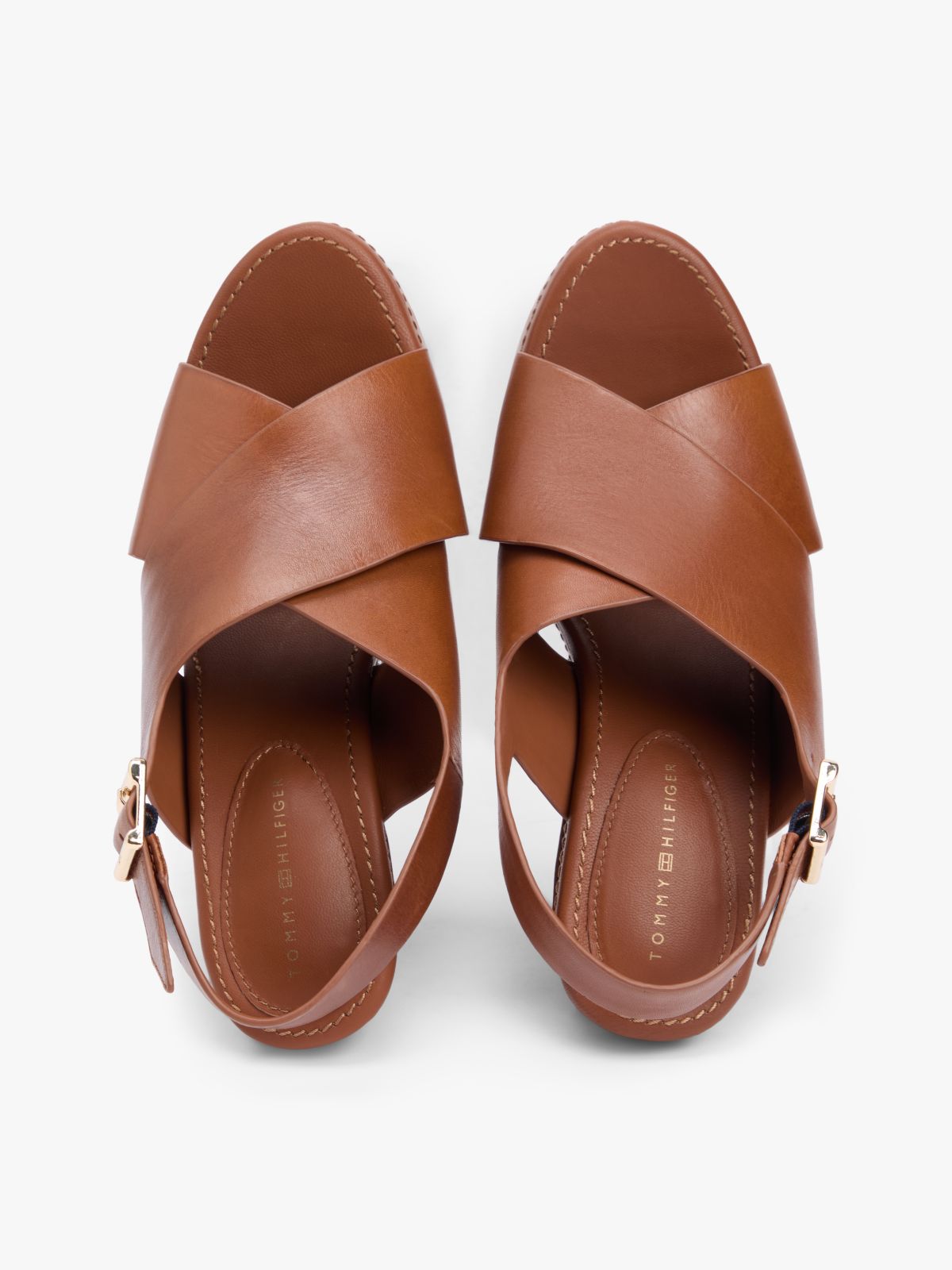 Leather Crossover Strap Block Heel Sandals — Brown