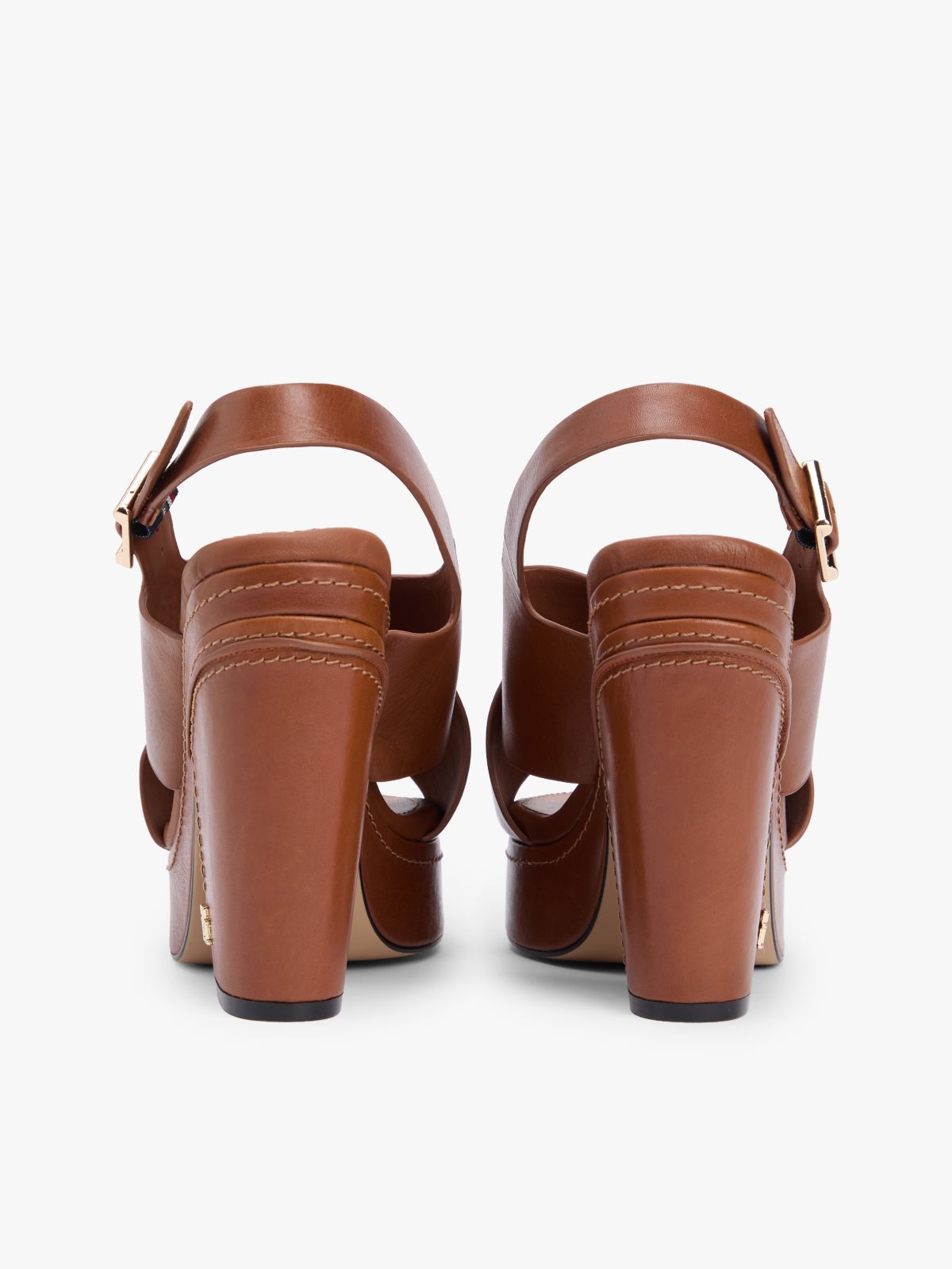 Leather Crossover Strap Block Heel Sandals — Brown