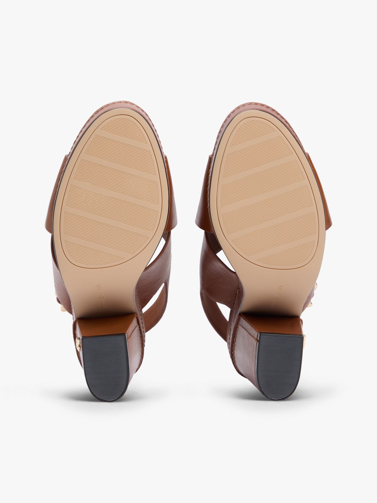 Leather Crossover Strap Block Heel Sandals — Brown