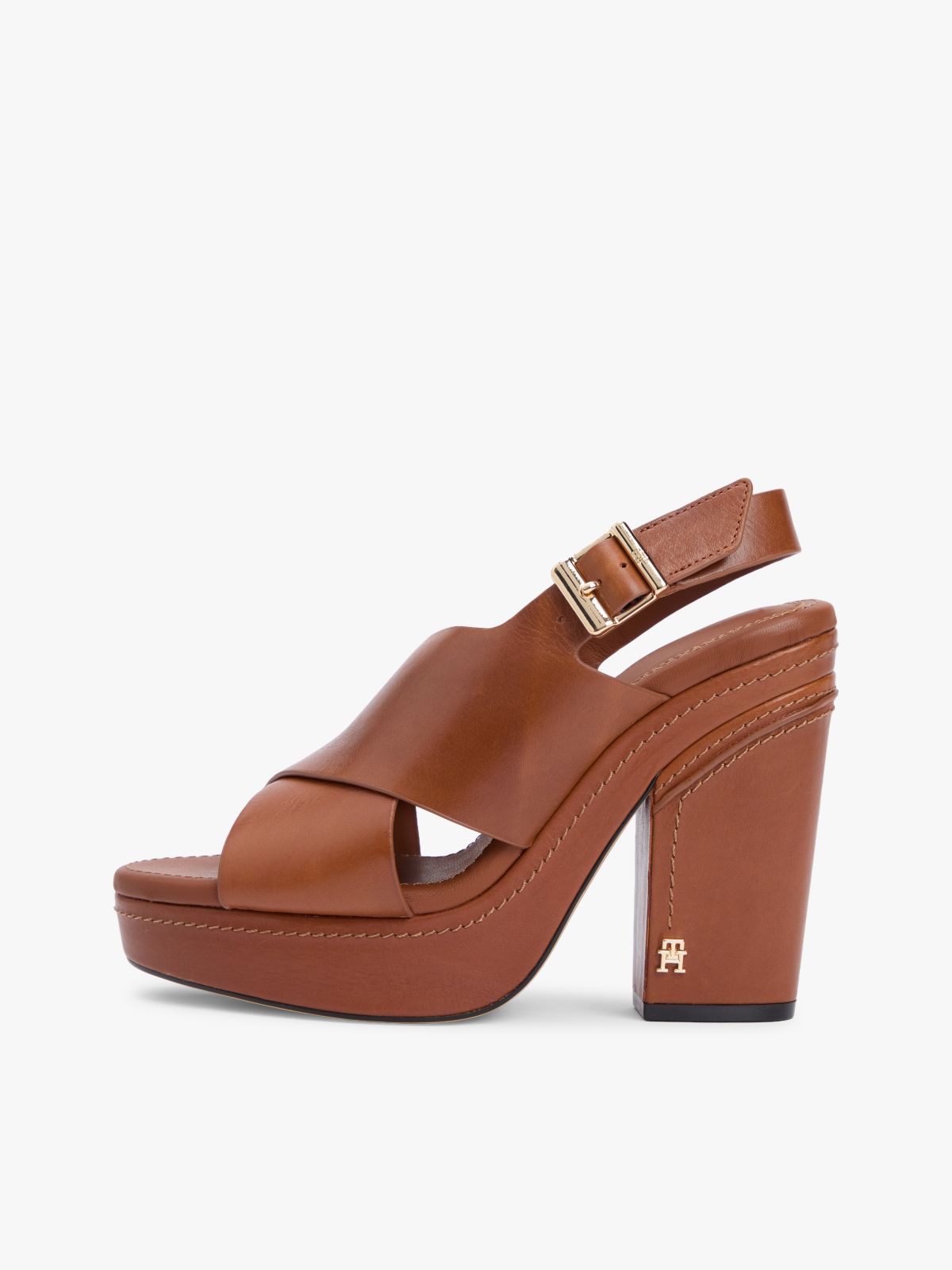 Leather Crossover Strap Block Heel Sandals — Brown