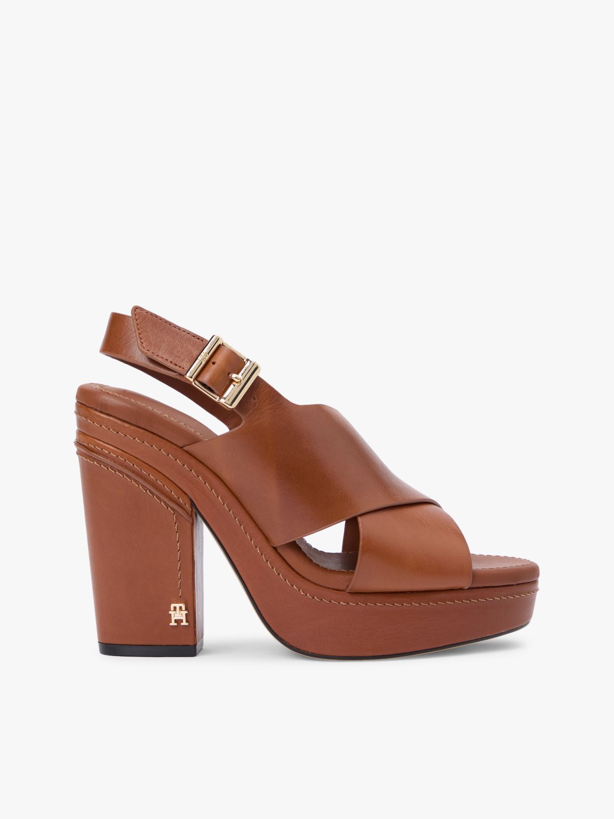 Leather Crossover Strap Block Heel Sandals — Brown