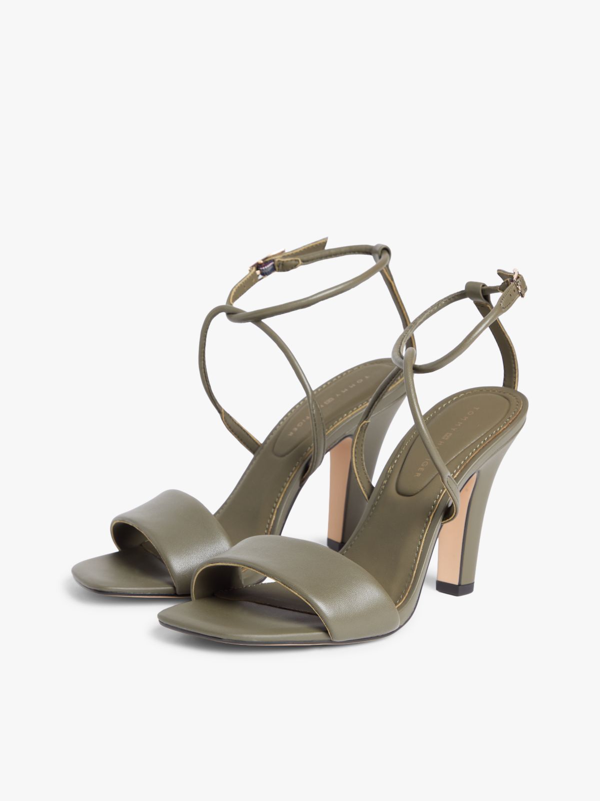 Leather Open Toe High Heels — Khaki