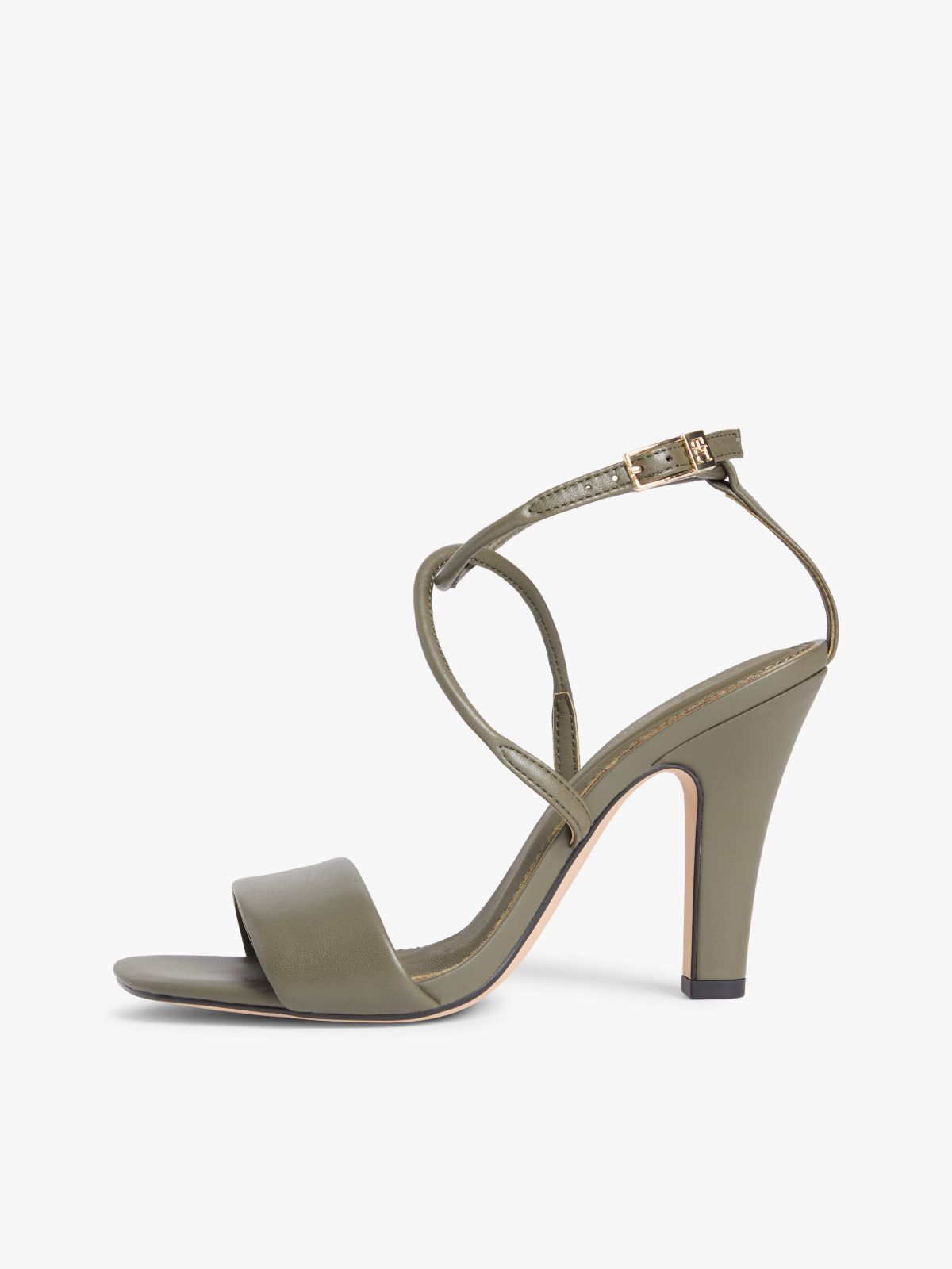 Leather Open Toe High Heels — Khaki