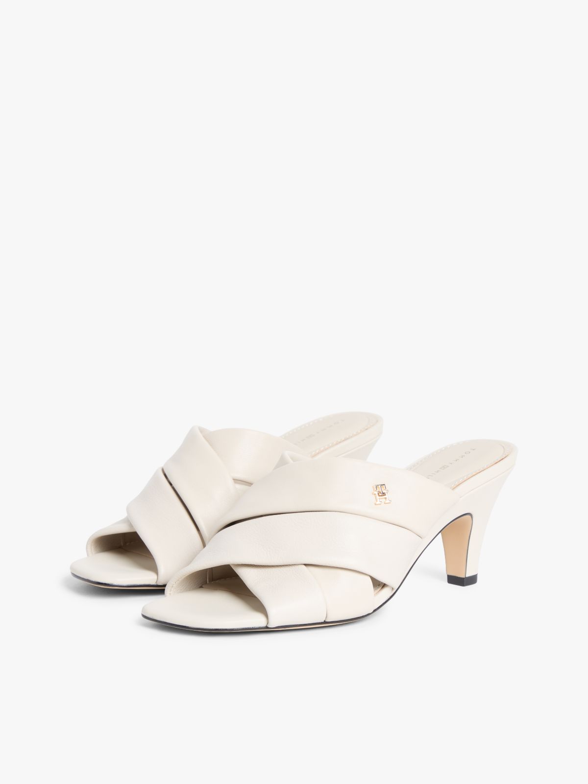 Leather Crossover Strap Heeled Mules — Beige