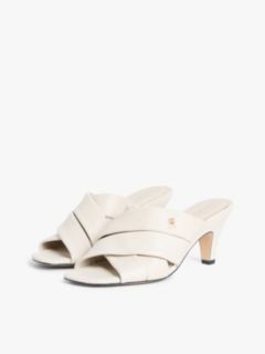 Leather Crossover Strap Heeled Mules — Beige 2