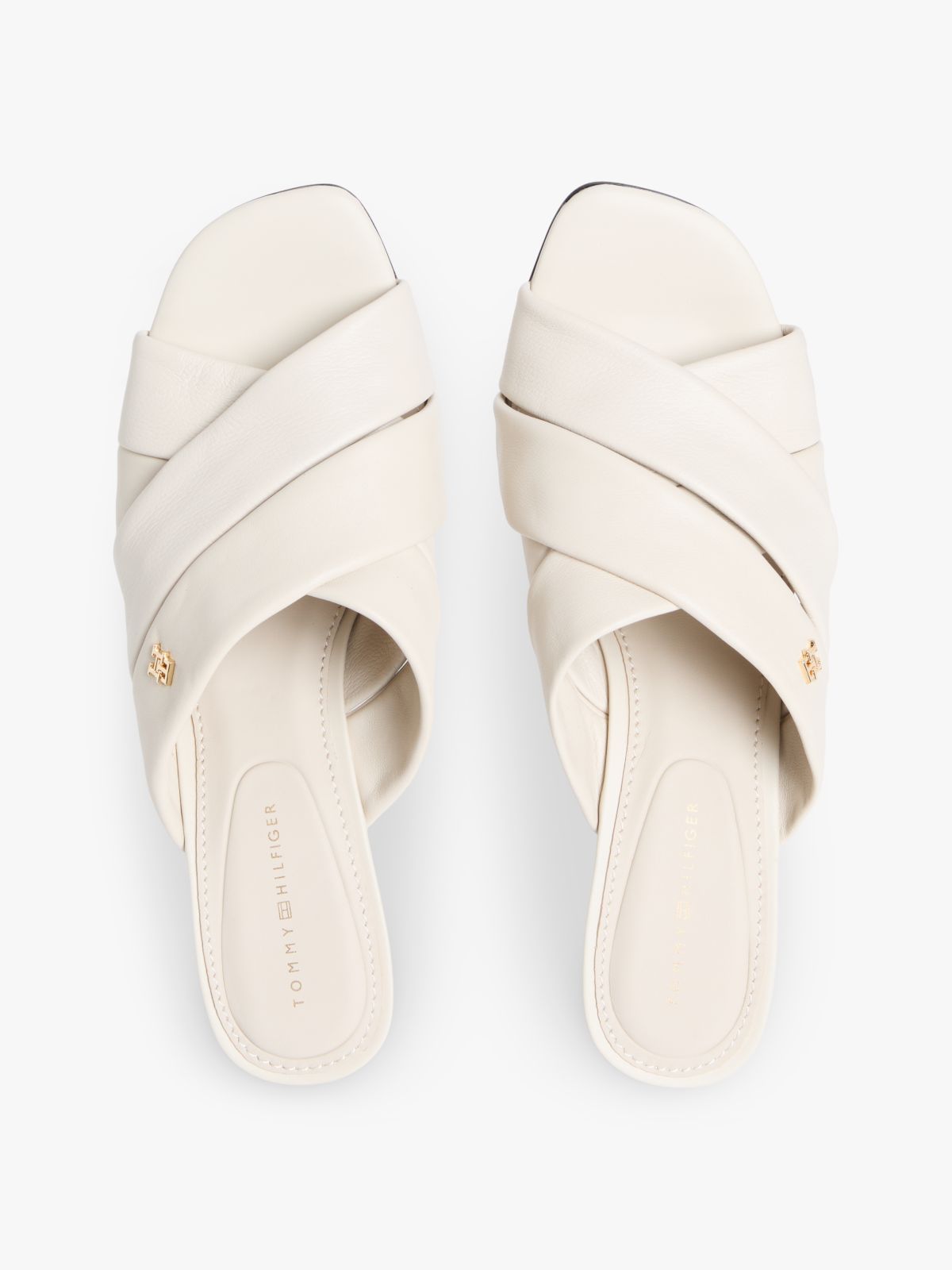 Leather Crossover Strap Heeled Mules — Beige