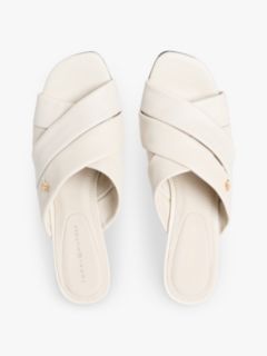 Leather Crossover Strap Heeled Mules — Beige 3