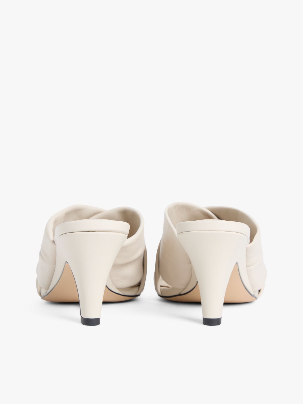Leather Crossover Strap Heeled Mules — Beige