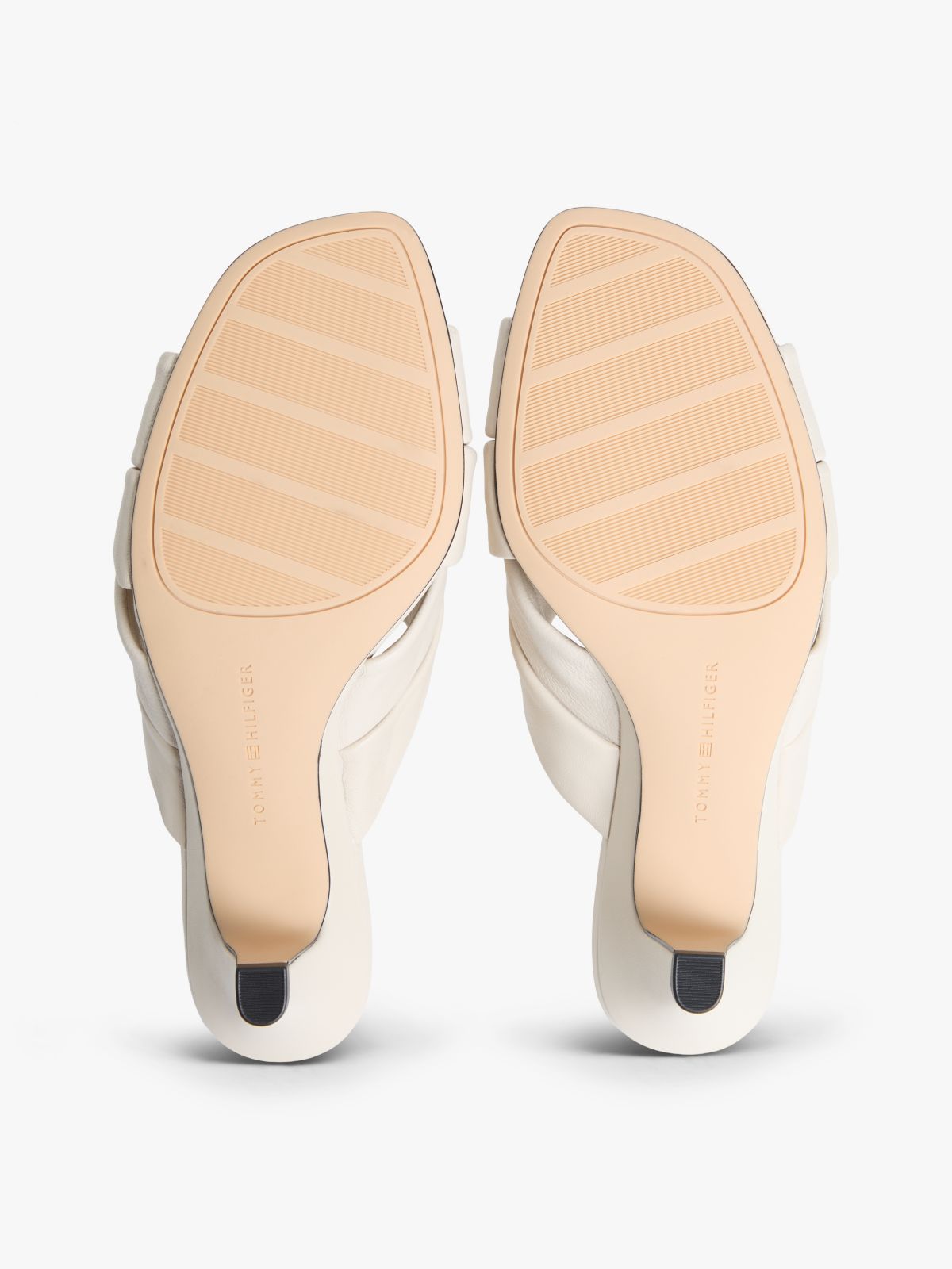 Leather Crossover Strap Heeled Mules — Beige