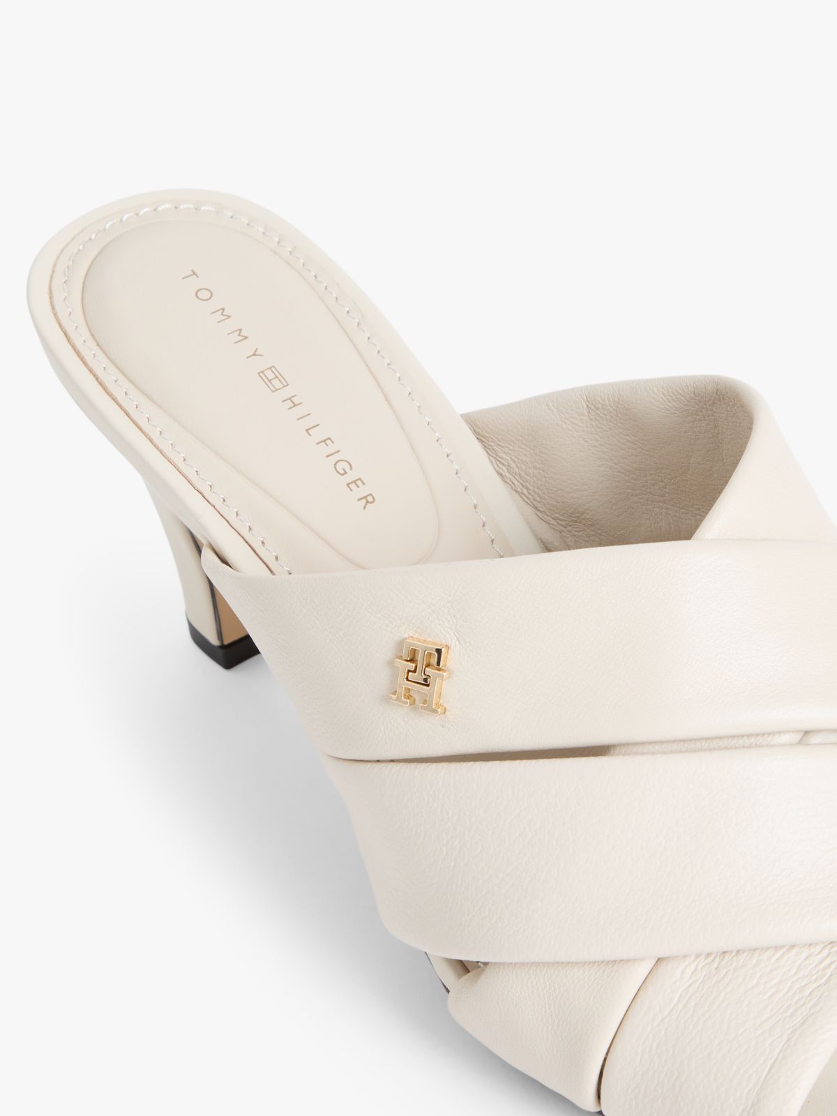 Leather Crossover Strap Heeled Mules — Beige