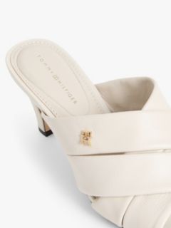 Leather Crossover Strap Heeled Mules — Beige 6