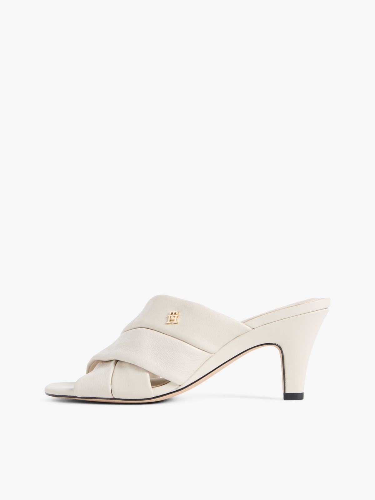Leather Crossover Strap Heeled Mules — Beige