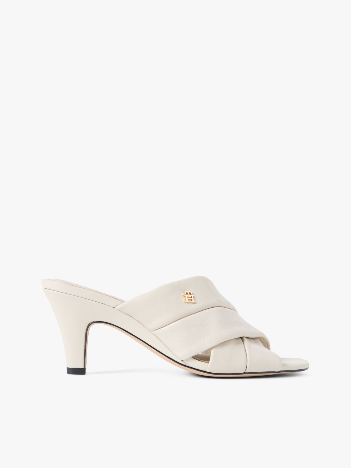 Leather Crossover Strap Heeled Mules — Beige