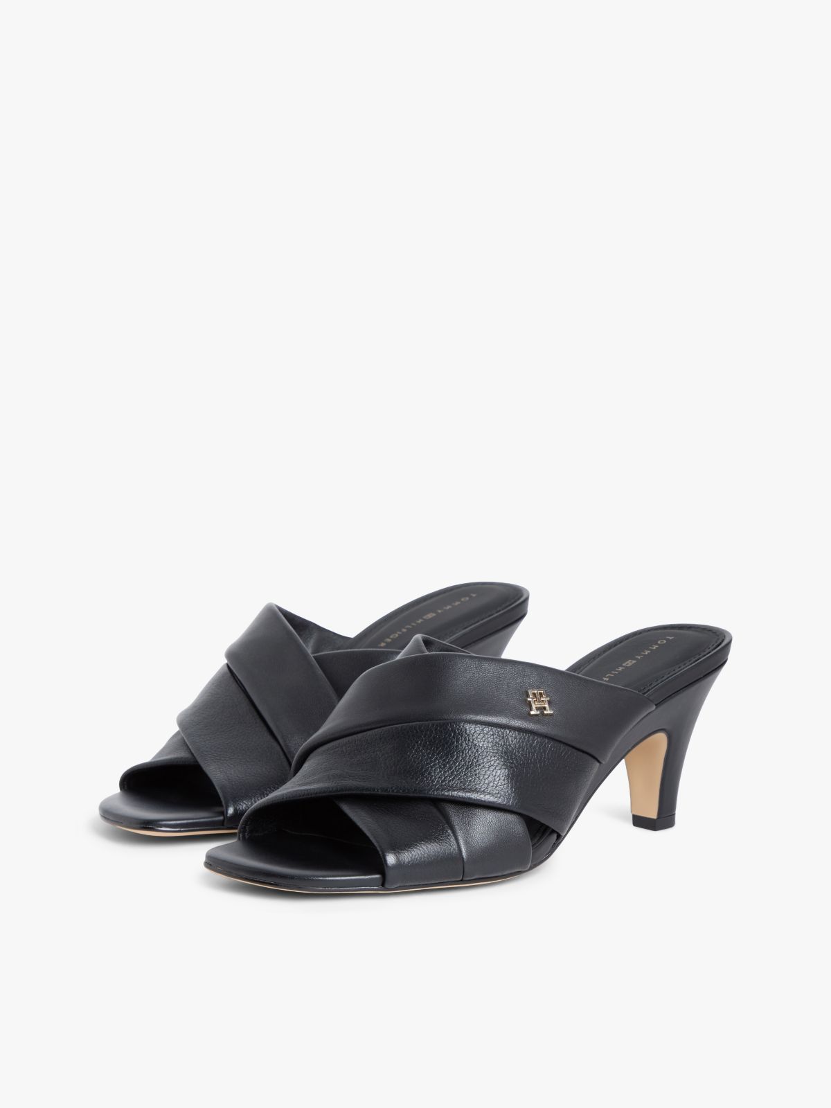 Leather Crossover Strap Heeled Mules — Black