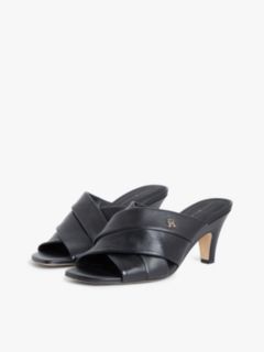 Leather Crossover Strap Heeled Mules — Black 2