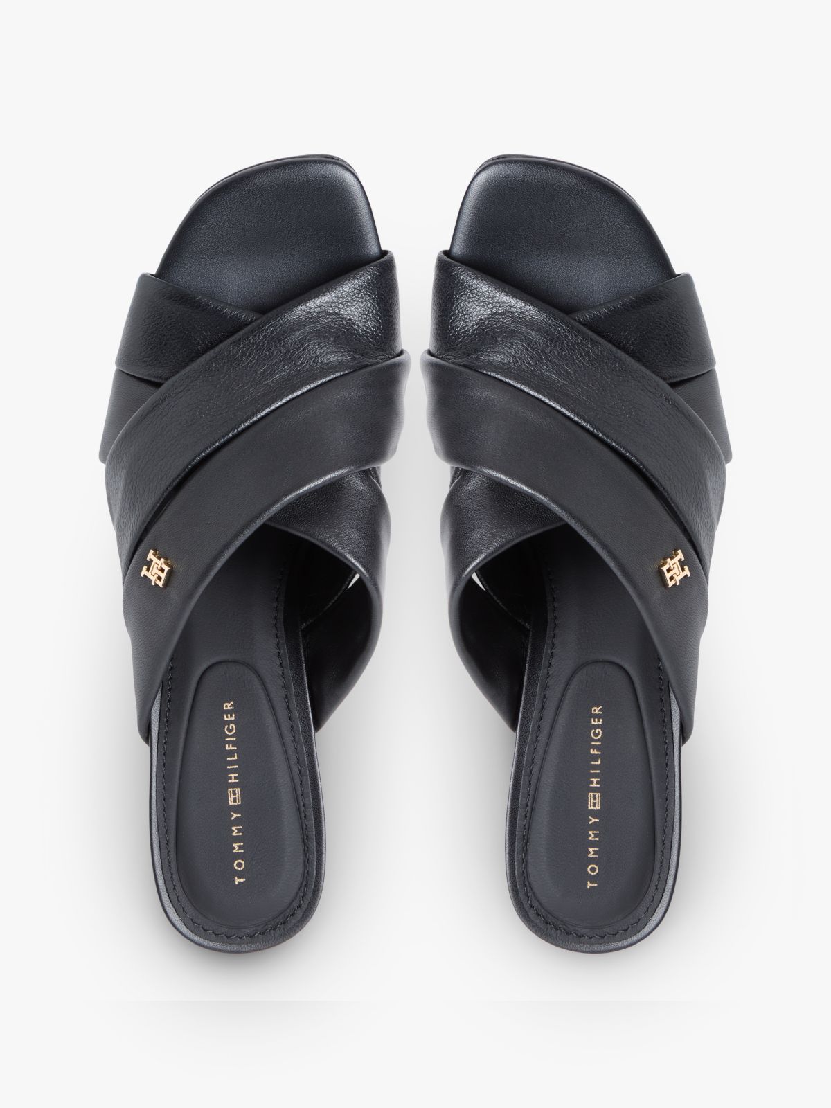 Leather Crossover Strap Heeled Mules — Black