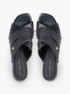 Leather Crossover Strap Heeled Mules — Black 3