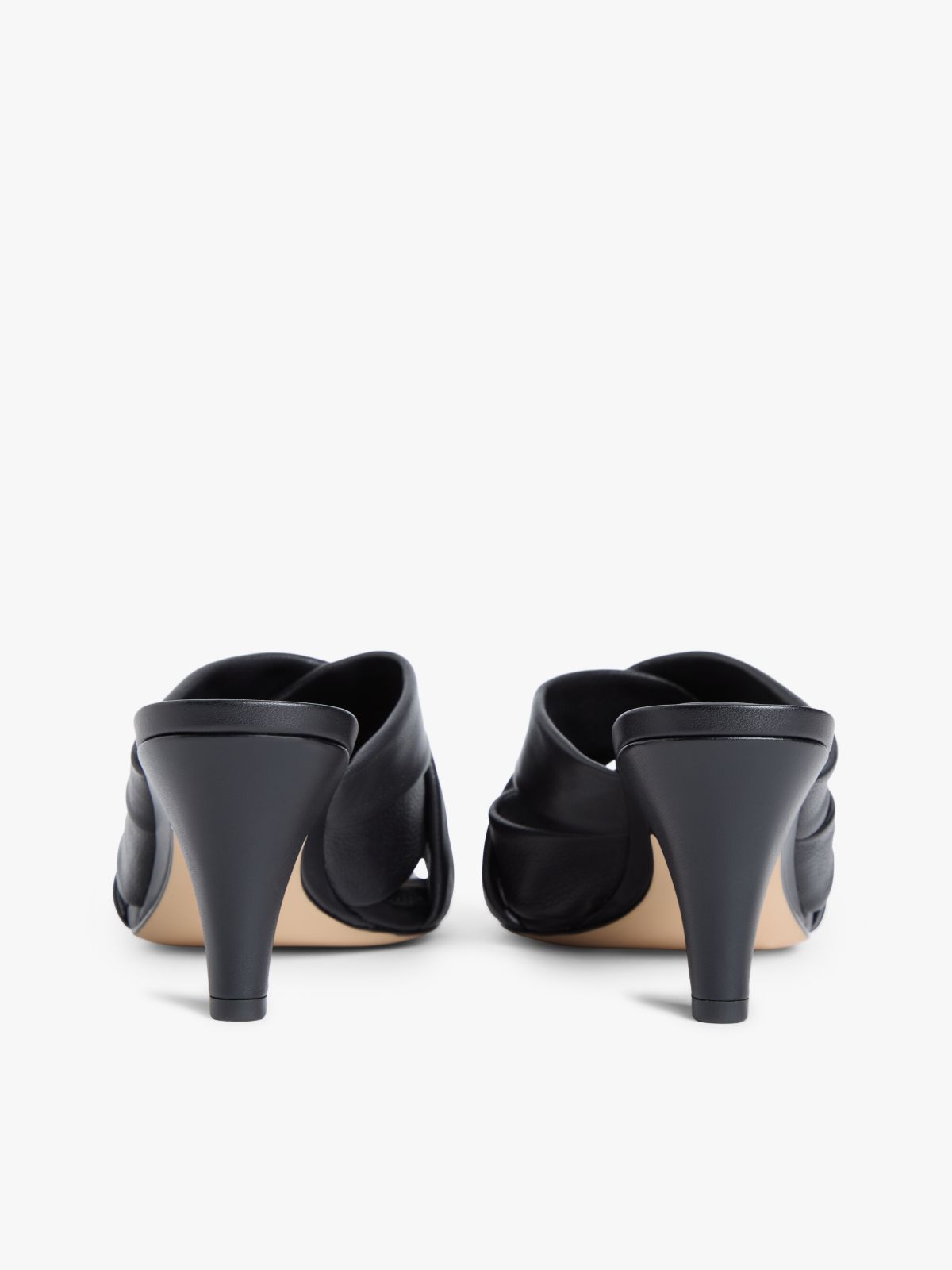 Leather Crossover Strap Heeled Mules — Black